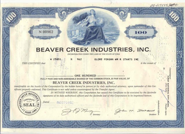 old vintage 1968 BEAVER CREEK Stock Certificate