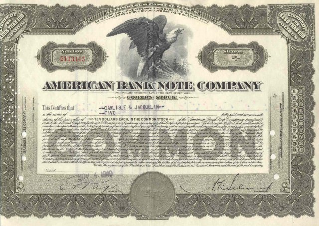 old vintage 1940 AMERICAN BANK NOTE stock certificate