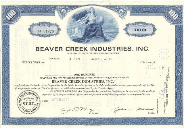old vintage 1968 BEAVER CREEK Stock Certificate