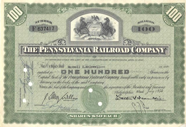 old vintage 1954 PENNSYLVANIA RAILROAD stock certificate