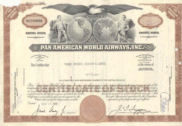 old vintage 1968 PAN AMERICAN WORLD AIRWAYS Stock Certificate