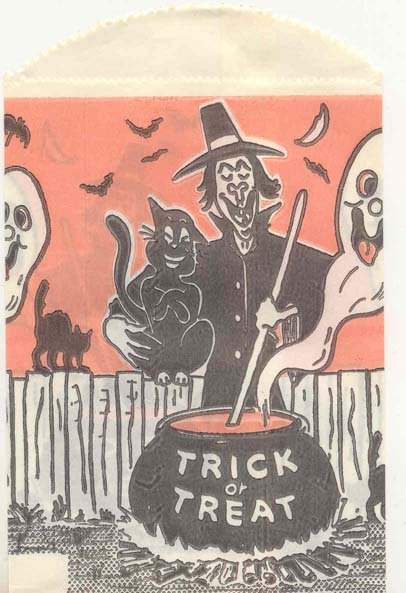 old vintage 1960s WITCH BLACK CAT TRICK OR TREAT HALLOWEEN bag