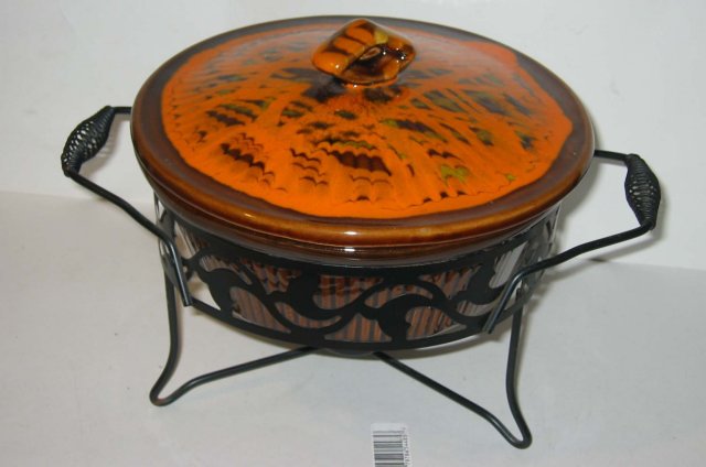 old vintage RETRO FUNKY CASSEROLE dish w metal holder