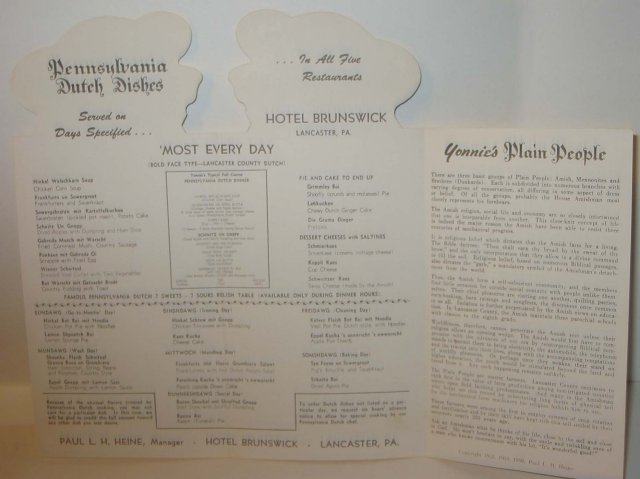 old vintage 1958 PENNSYLVANIA DUTCH Hotel menu