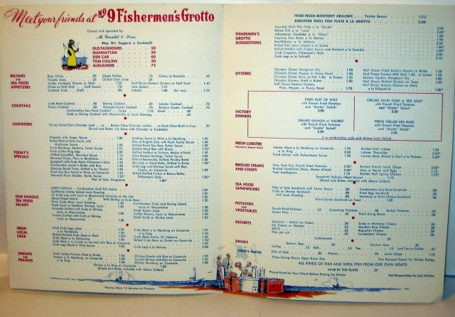 old vintage 1940s FISHERMAN'S GROTTO MENU