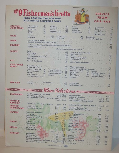 old vintage 1940s FISHERMAN'S GROTTO MENU