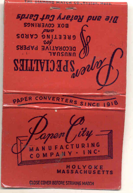 old vintage PAPER CITY Holyoke Mass Matchbook