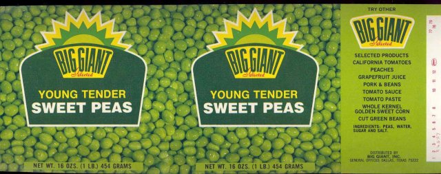 Big Giant Tender Peas Vegetable Can Label