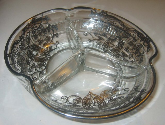 Silver Overlay Glass Candy Dish