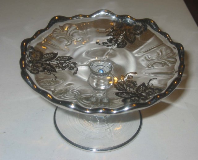old vintage Silver Overlay Glass Floral Cake