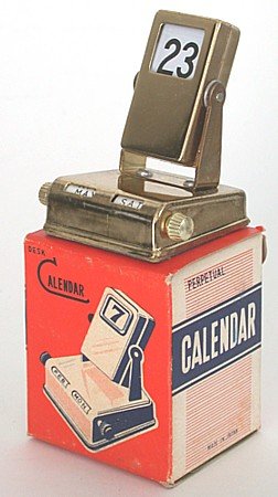 old vintage 1950s BRASS PERPETUAL TOY DESK CALENDAR in box