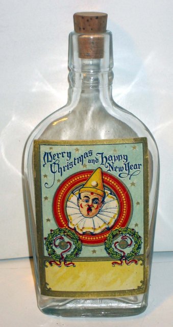 CLOWN WHISKEY FLASK * OLD VINTAGE 1900S MERRY XMAS NEW YEARS Clown Whiskey Glass Flask