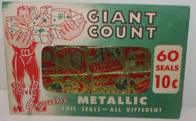 old vintage 1960s GIANT FOIL XMAS SEALS in Original Envelope Sealed