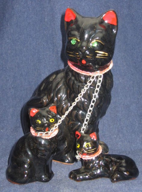 3 old vintage Japan Cat Kittens Statue Chained