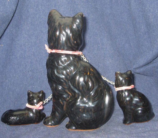 3 old vintage Japan Cat Kittens Statue Chained