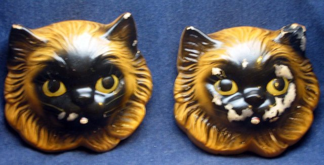 2 old vintage Cat Hangar Face Masks sculptures