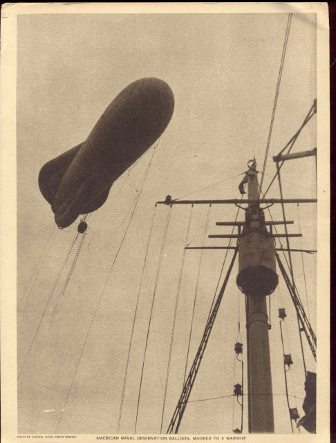 old vintage 1919 AMERICAN NAVAL OBSERVATION BALLOON MOORED to Warship print