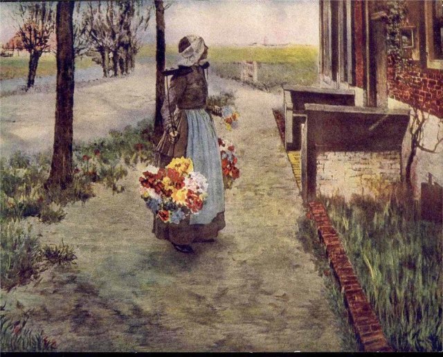 old vintage 1920 DUTCH GIRL litho flower print