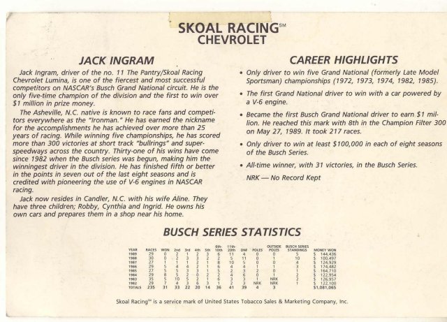 INGRAM SKOAL BANDIT Chevrolet Stat Card ~ vintage