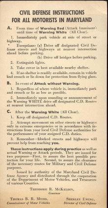 CIVIL DEFENSE CARD ~ MARYLAND MOTOR VEHICLES VINTAGE ~ 1950s