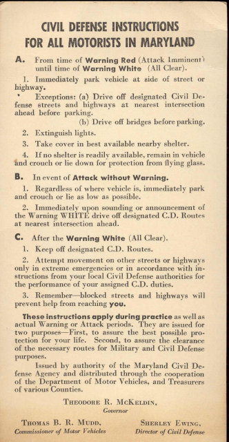 CIVIL DEFENSE CARD ~ MARYLAND MOTOR VEHICLES VINTAGE ~ 1950s