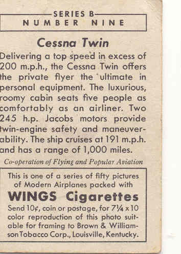 WINGS CIGARETTE TRADE CARD