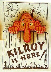 VINTAGE PINBACK ~ KILROY WAS HERE WOODEN PIN