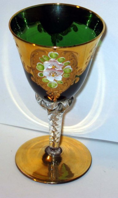 VINTAGE HAND PAINTED FLORAL GREEN CORDIAL GLASS