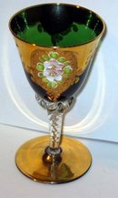VINTAGE HAND PAINTED FLORAL GREEN CORDIAL GLASS