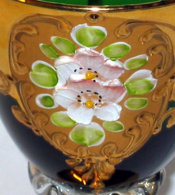 VINTAGE HAND PAINTED FLORAL GREEN CORDIAL GLASS