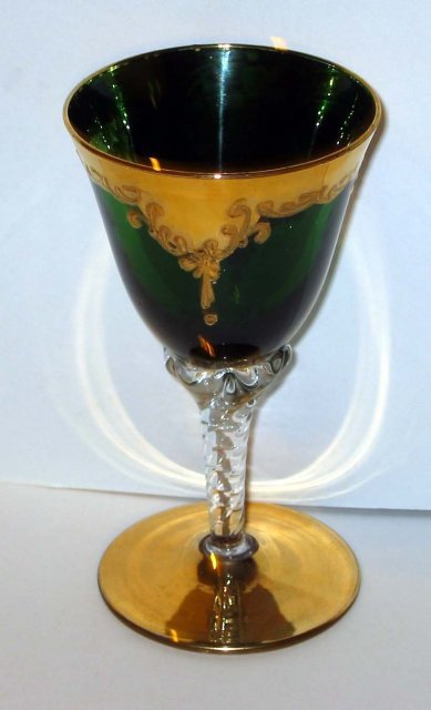 VINTAGE HAND PAINTED FLORAL GREEN CORDIAL GLASS