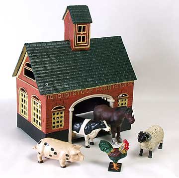 CAST IRON FARMHOUSE BARN W 5 PAINTED ANIMALS