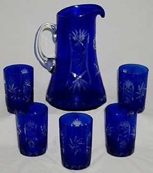 COBALT BLUE GLASS PITCHER AND GLASSES