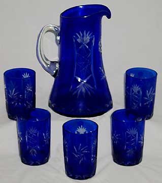 COBALT BLUE GLASS PITCHER AND GLASSES