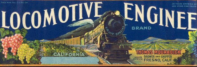 VINTAGE LOCOMOTIVE ENGINEER GRAPES TRAIN LABEL