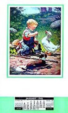 1946 Vintage Calendar - Boy Puppy Duck