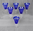 6 COBALT CUT BLUE OVERLAY GLASSES / NEW