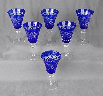 6 COBALT CUT BLUE OVERLAY GLASSES / NEW