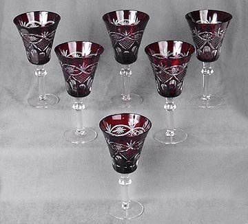 6 CUT RUBY OVERLAY GLASSES / NEW