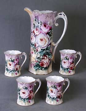 FLORAL PORCELAIN PITCHER W FOUR CUPS / NEW