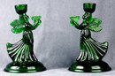 Angel Green Glass Candlestick Holders