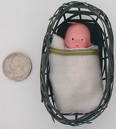 VINTAGE BISQUE BABY DOLL IN BASKET TOY JAPAN