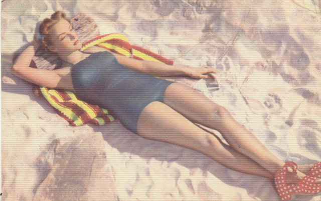 Pinup Girl Linen Postcard 1950s