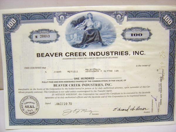 Beaver Creek Stock Certificates Lot 1969