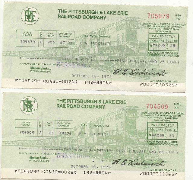 Pittsburgh Lake Erie Railroad Checks