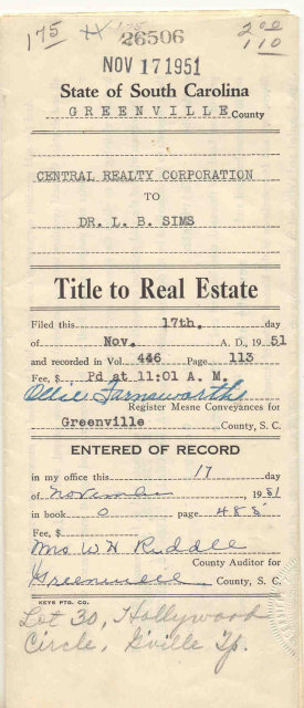 Title to South Carolina Real Estate Deed 1951
