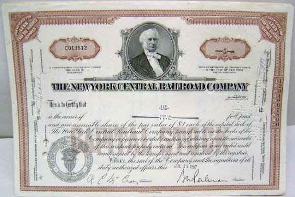 New York Central Railroad Stock Certificates Lot