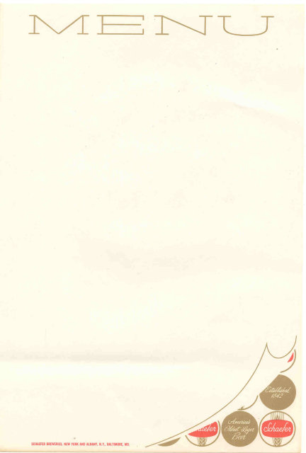 Schaefer Beer Menu Sheet 1950s NYC