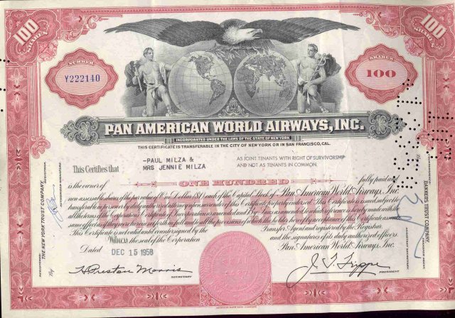 Pan America Airways Stock Certificate 1958