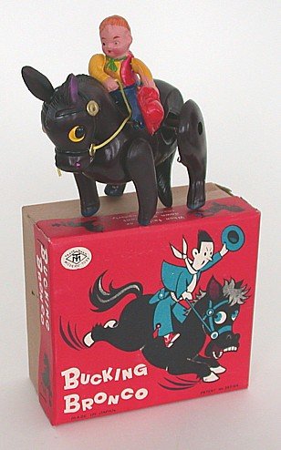 Wind-Up Celluloid Bronco Cowboy Toy in Original Box